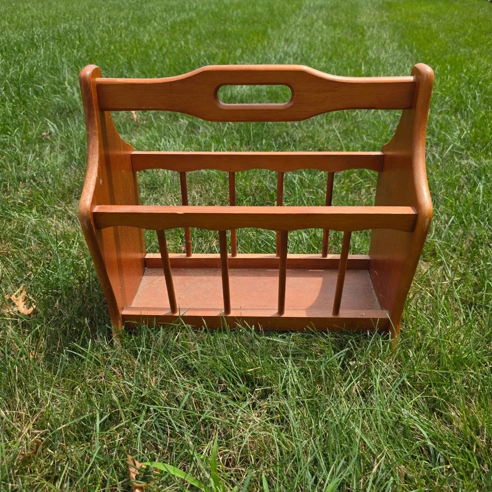 Vintage Wood Magazine Rack Spindle Floor Caddy with Handle Mid Century Brown